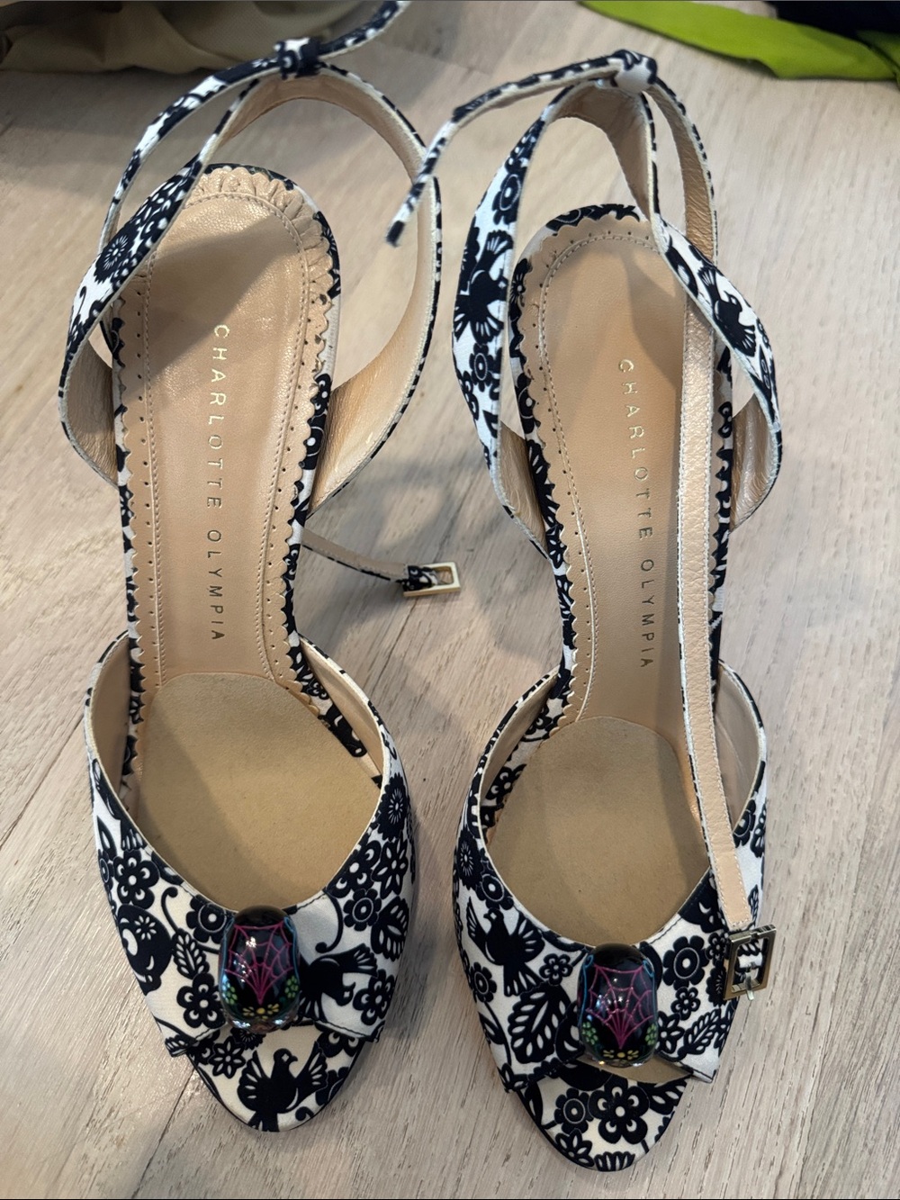 Charlotte Olympia Black & White Floral Slingback Heels